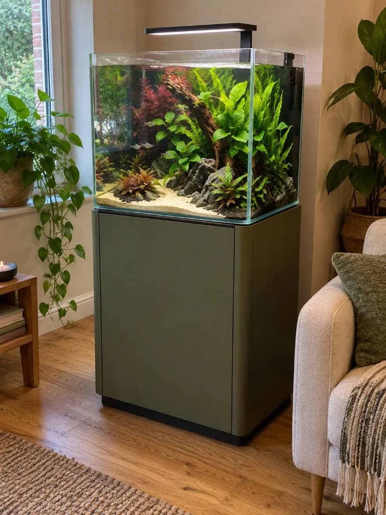 A planted rimless aquarium on a green cabinet in a bright living room