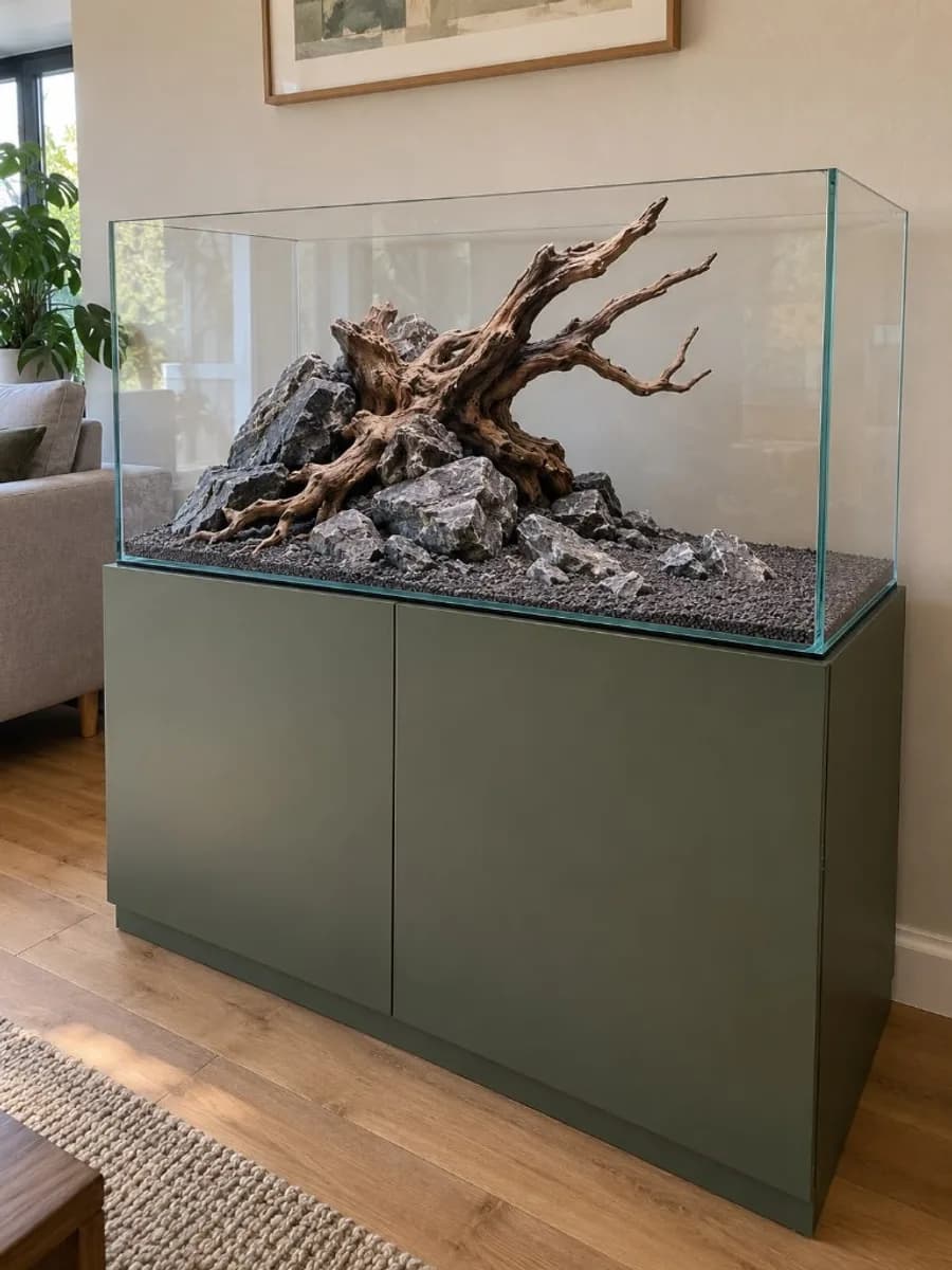 Aquascape hardscape with Seiryu stone and driftwood in a rimless tank