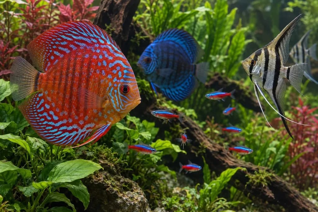 Discus, angelfish and neon tetras in a planted freshwater aquarium