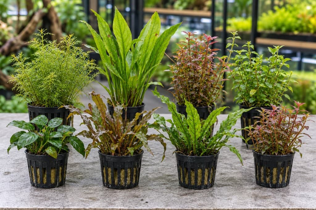 Potted aquatic plants arranged on a shop counter