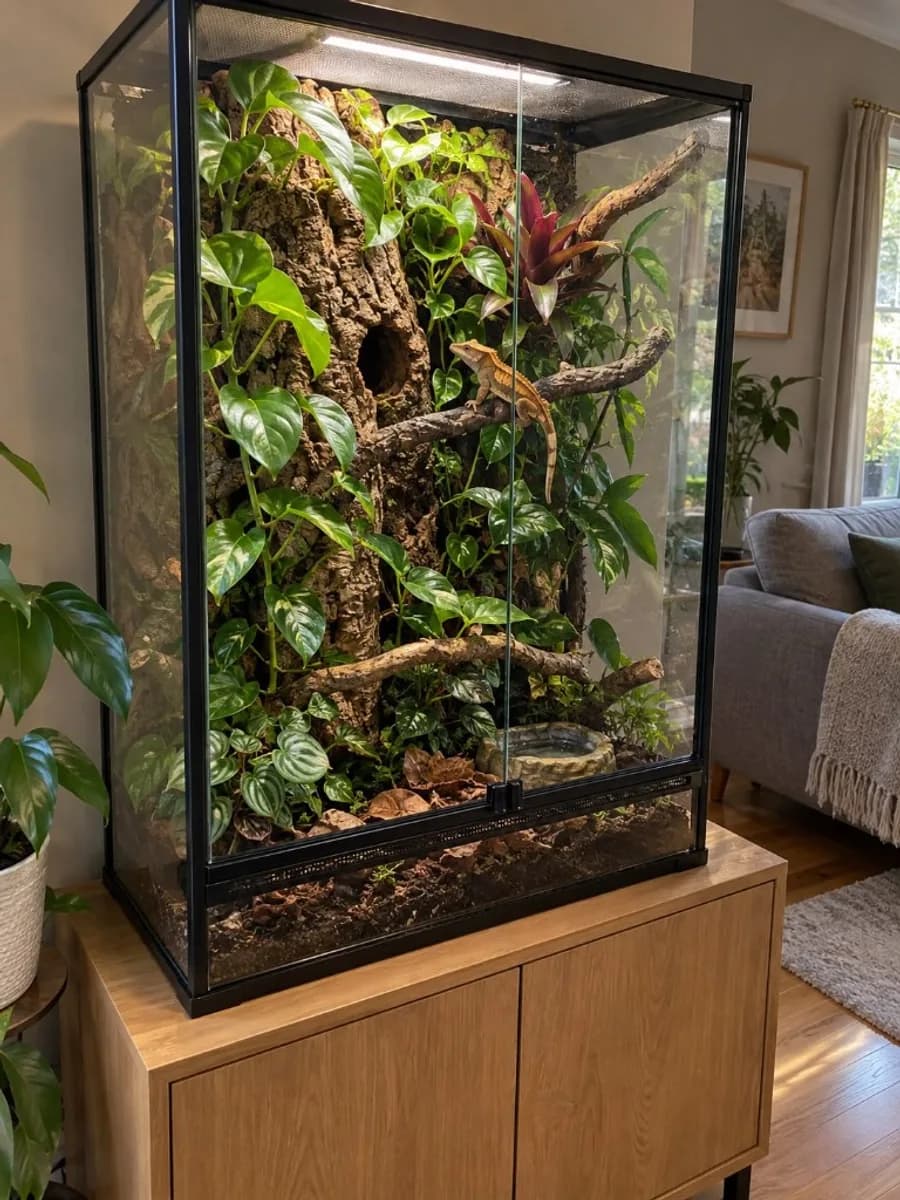 A planted glass terrarium with a crested gecko on a branch